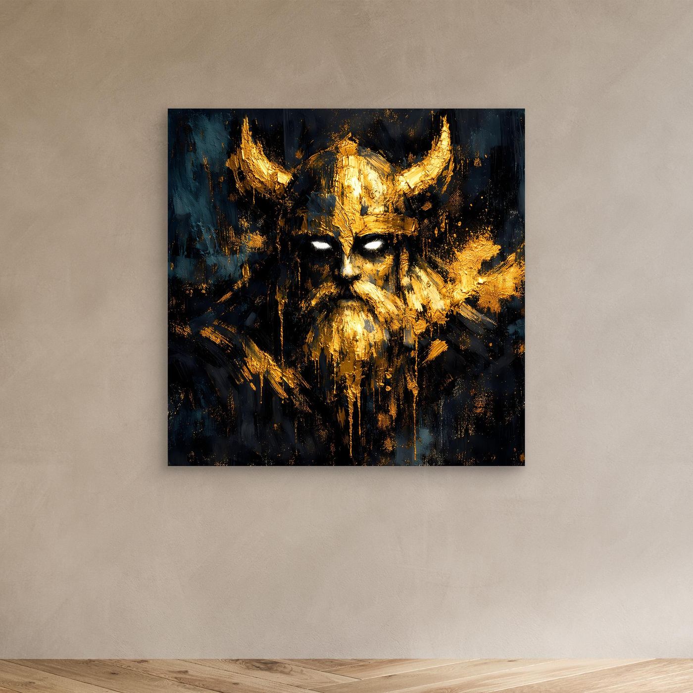 Leinwand Mystischer Wikinger in Gold und Schwarz | Modernes Abstraktes Krieger Wandbild