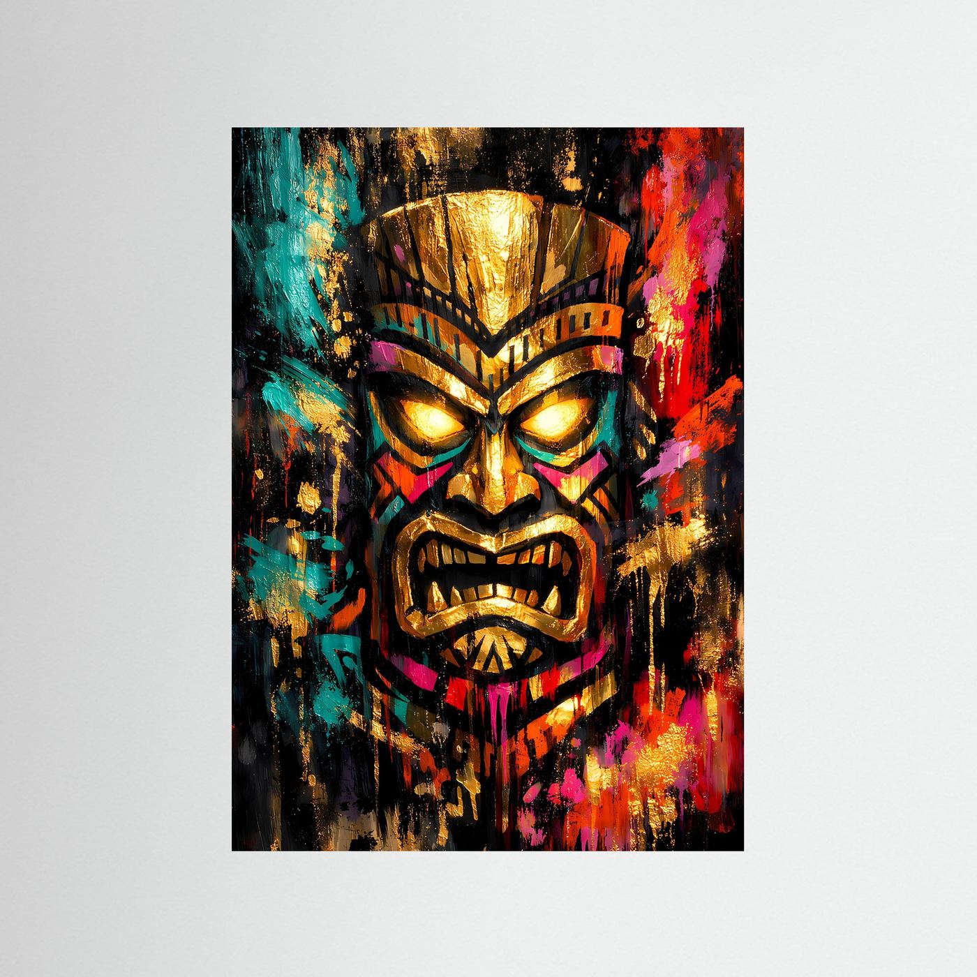 Gerahmtes Tiki-Kunstposter: goldene Maske, türkis und neon-pink, abstraktes Gesicht, Hochformat