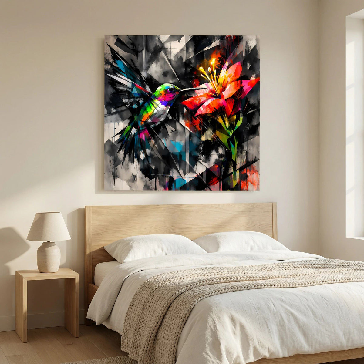 Keilrahmen-Leinwandbild mit Kolibri-Motiv, bunte Akzente (Rot, Gelb, Grün) auf schwarz-grau