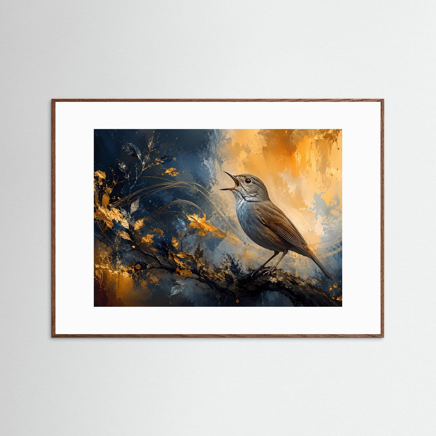 Singvogel Poster Modern | Vogel Wandbild Blau Gold | Abstrakte Naturkunst | Eleganter Waldvogel Fine Art | Leinwand Wohnzimmer