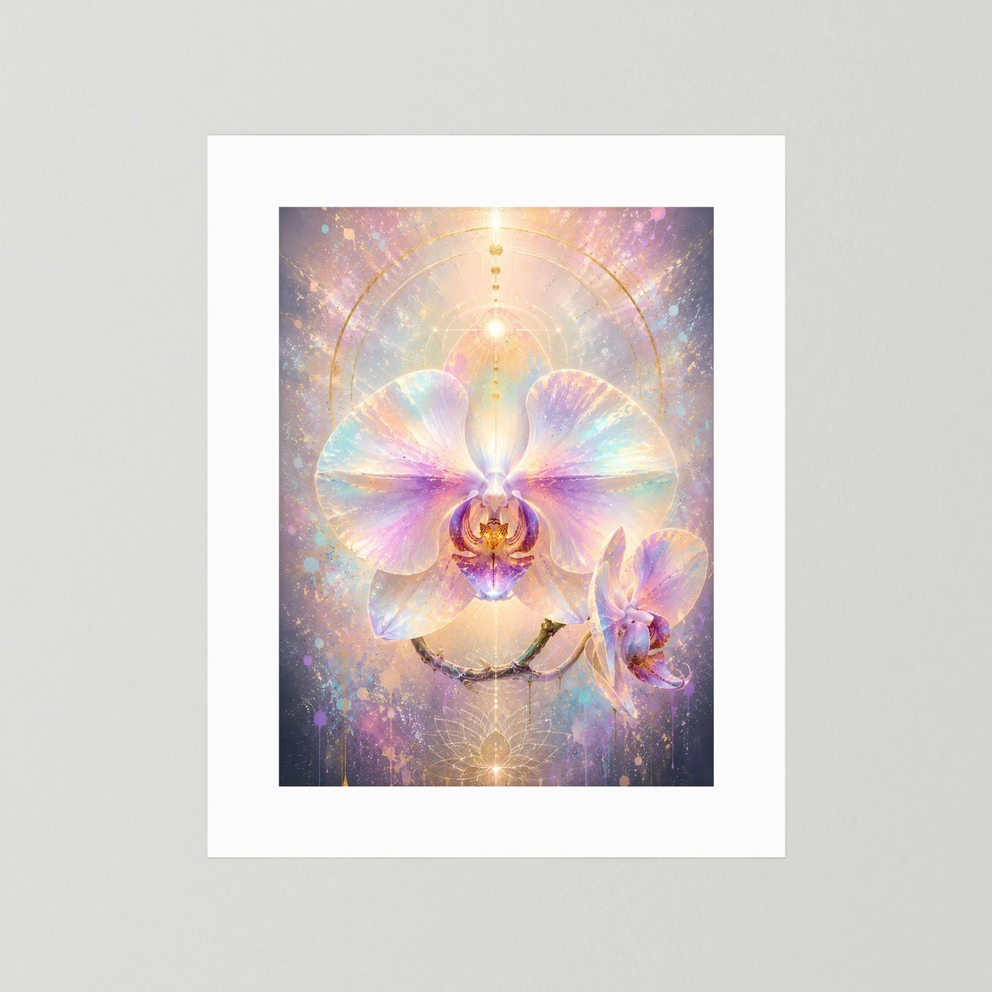 Orchideen-Pastellposter ohne Rahmen mit weißem Rand, leuchtende Orchideenblüte in Pastelltönen