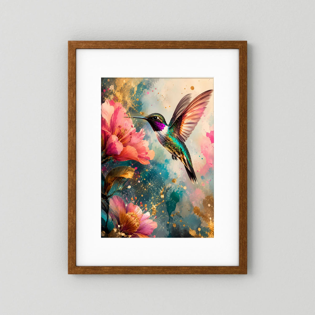 Gerahmter Kunstdruck: Kolibri mit rosa Blüten, Goldakzente, brauner Holzrahmen