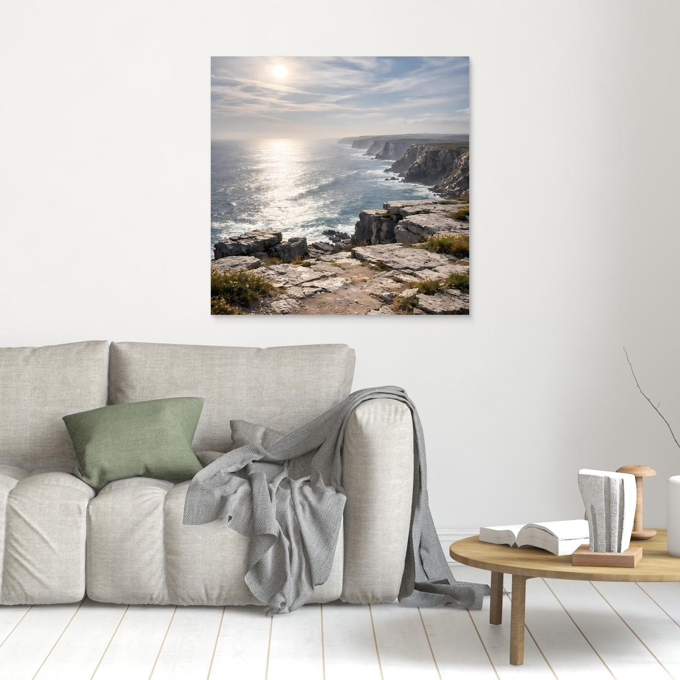 Leinwandbild Steilküste am Meer mit Felsen, Meer und Sonnenaufgang ohne sichtbaren Rahmen