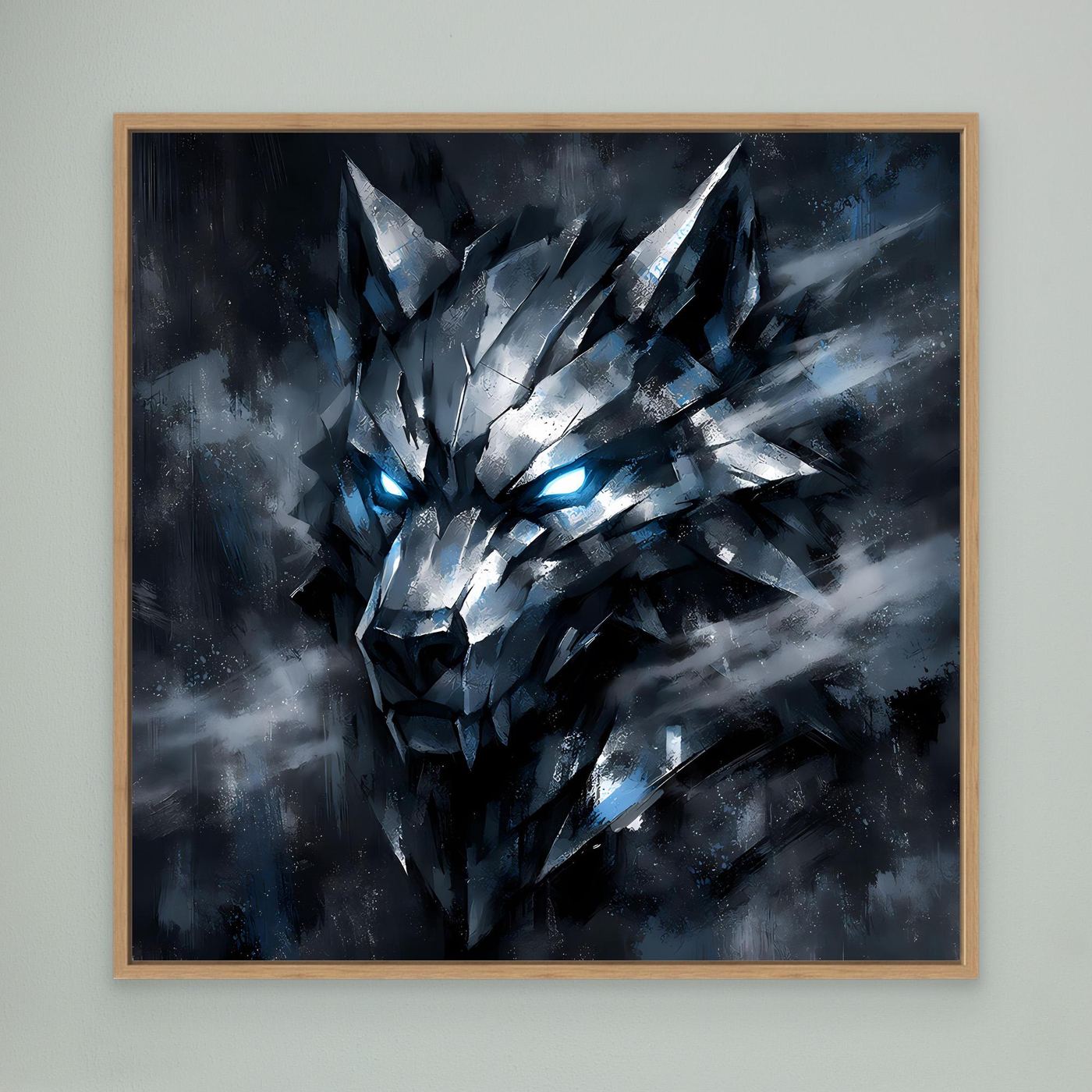 Leinwand-Wandbild mit geometrischem Wolf im Holzrahmen, silberne Facetten und blau leuchtende Augen