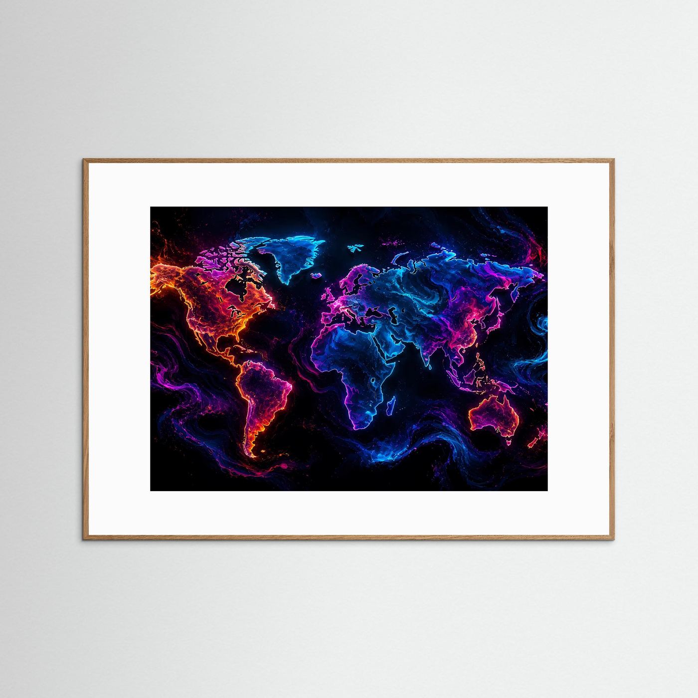 Weltkarte Poster | Neon Weltkarte Wandbild | Moderne World Map Kunst | Abstrakte Landkarte | Futuristische Wanddekoration