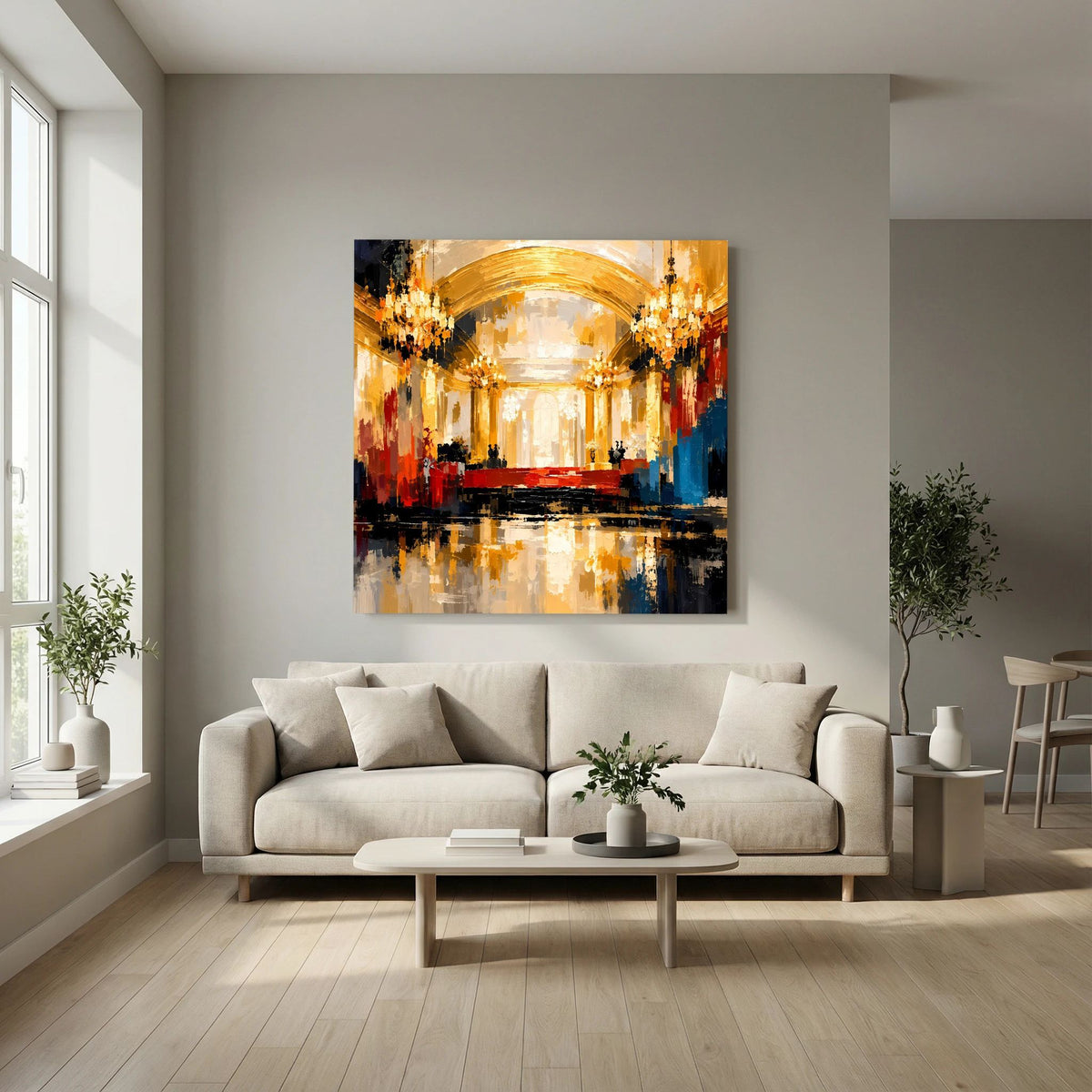 Leinwand Abstraktes Palast Saal Gemälde | Modernes Elegantes Wandbild Ballsaal Gold Rot