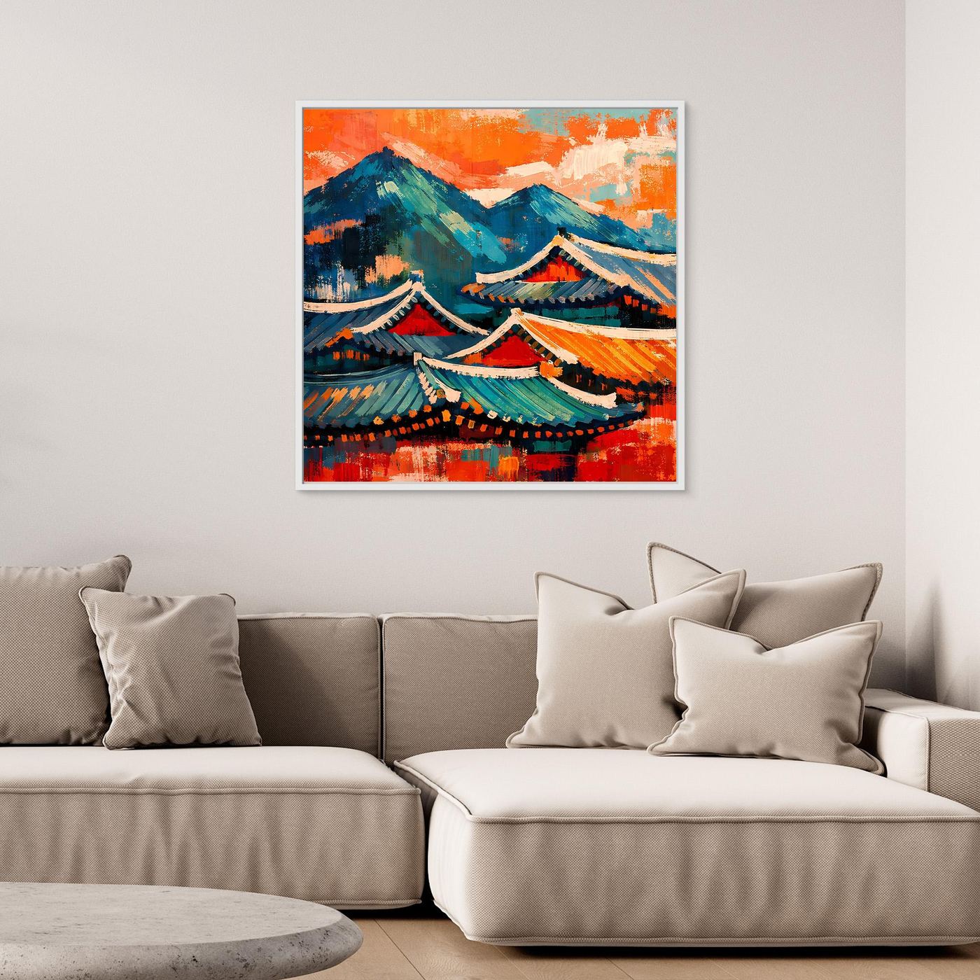Abstraktes Wandbild mit Pagodendächern und Bergen in kräftigen Blau- und Orangetönen, mit Rahmen