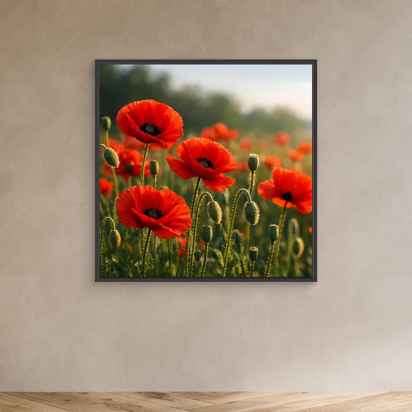 Klatschmohn-Wandbild mit schwarzem Rahmen, rote Mohnblüten im Feld