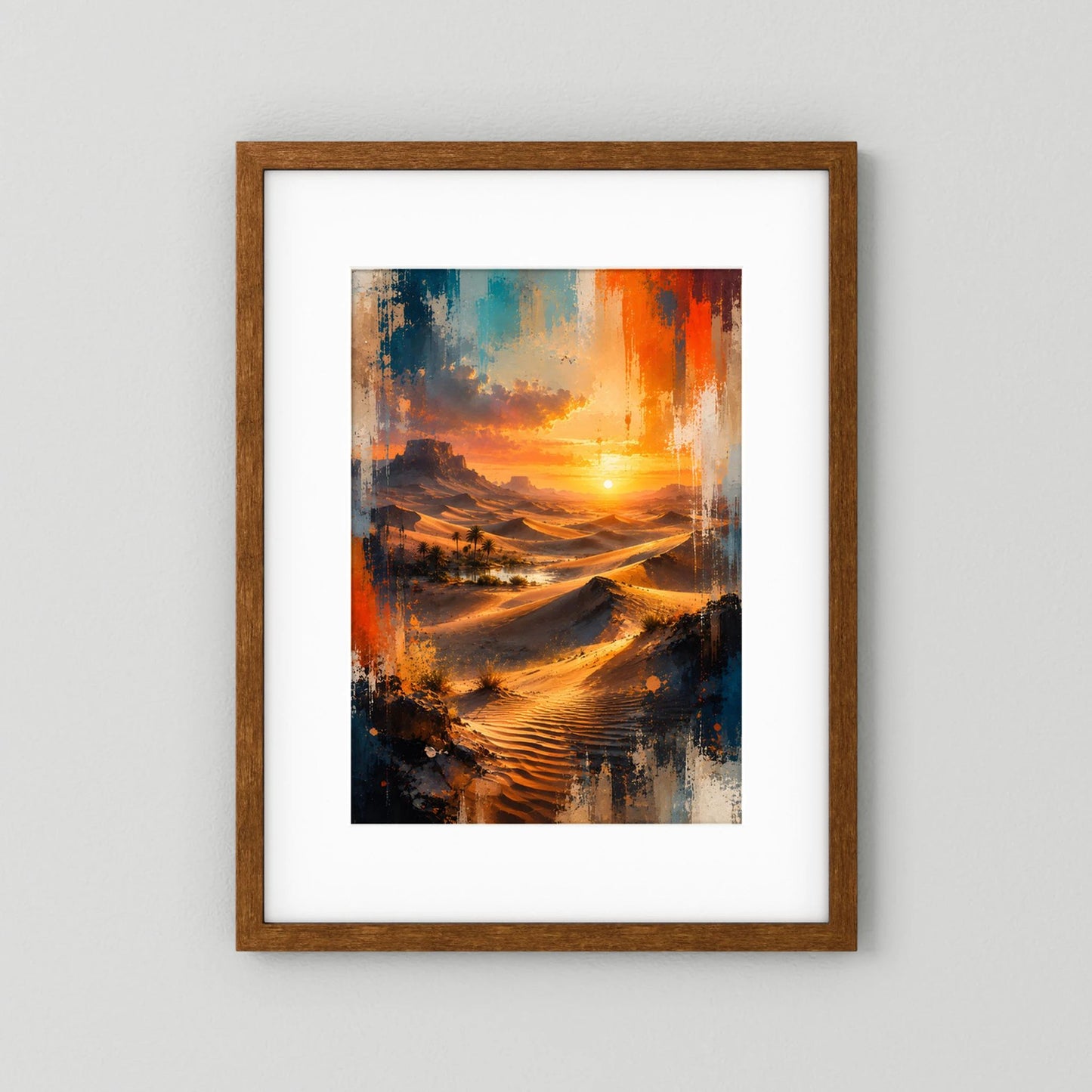 Hochformat-Poster mit braunem Holzrahmen und weißem Passepartout: abstrakte Oase
