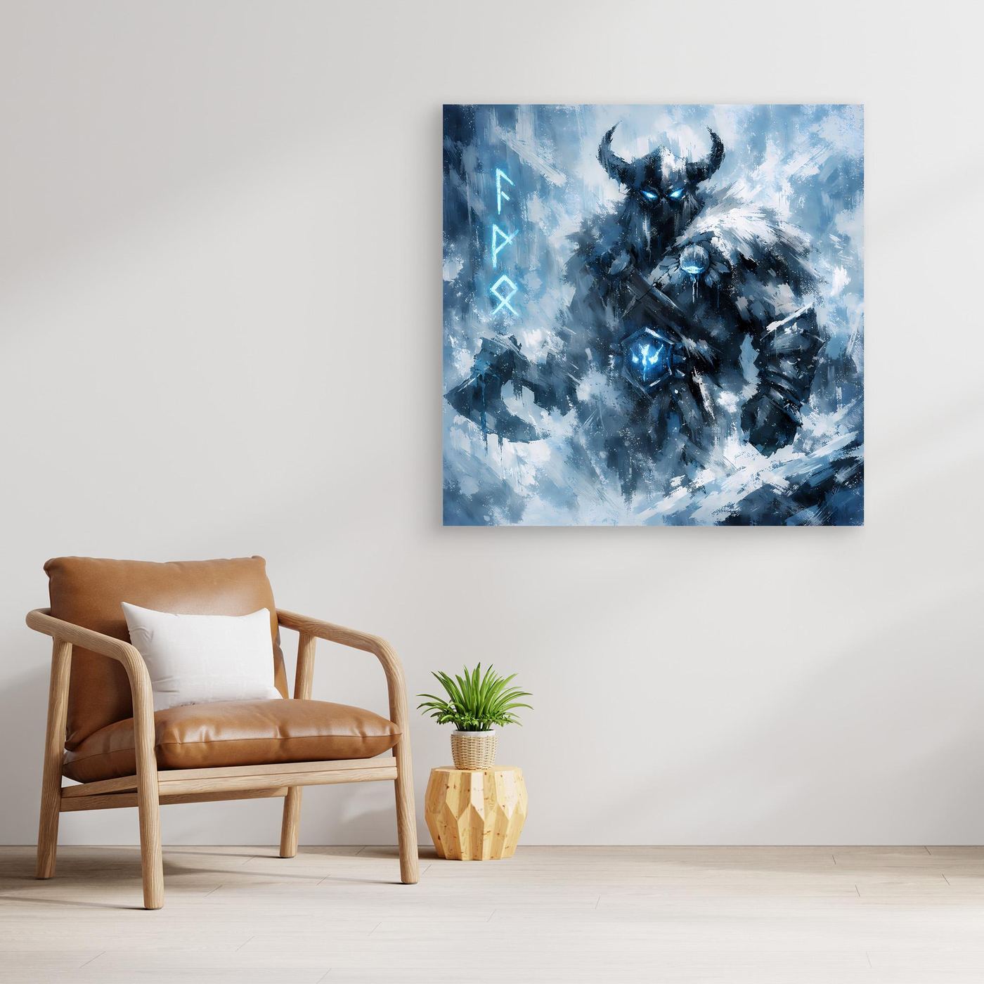 Wandbild mit blauem abstraktem Wikinger-Krieger im Schneesturm, flach an der Wand