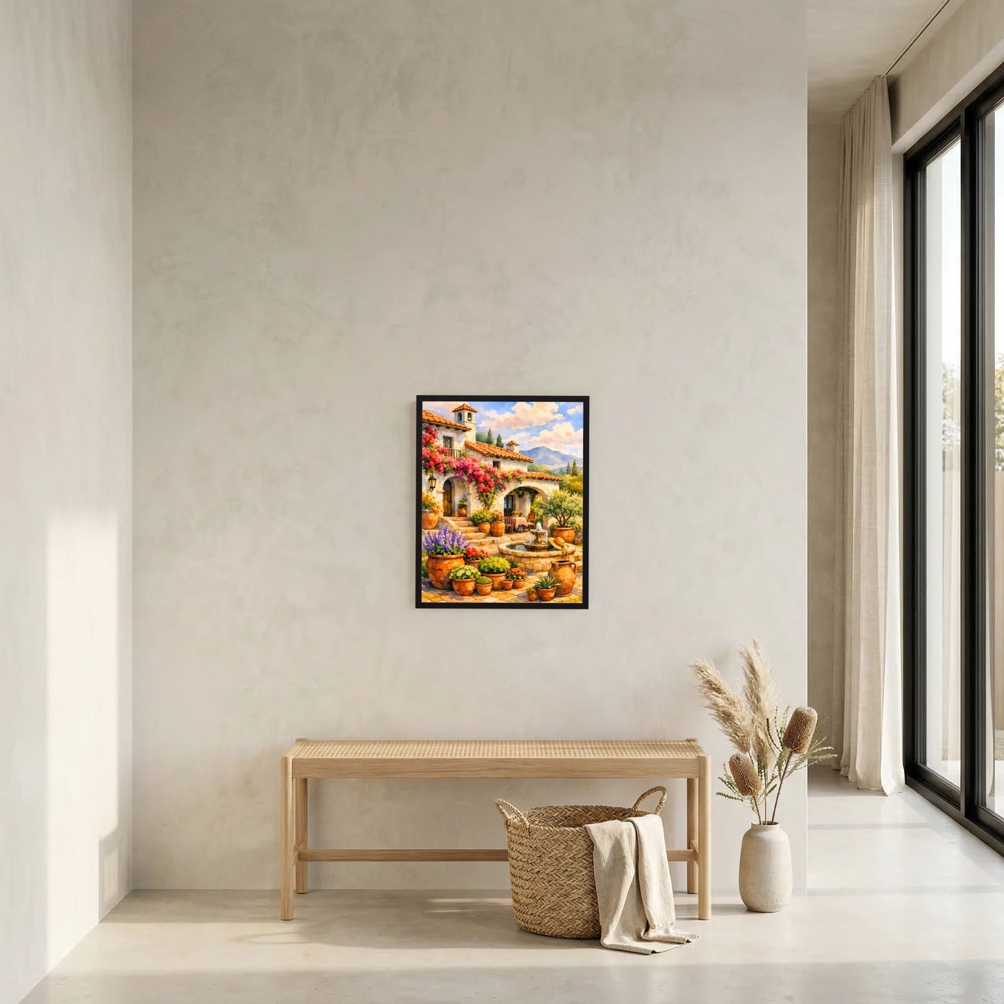Wand-Kunstposter im Hochformat: mediterraner Innenhof mit Blumen, Brunnen und schwarzen Rahmen