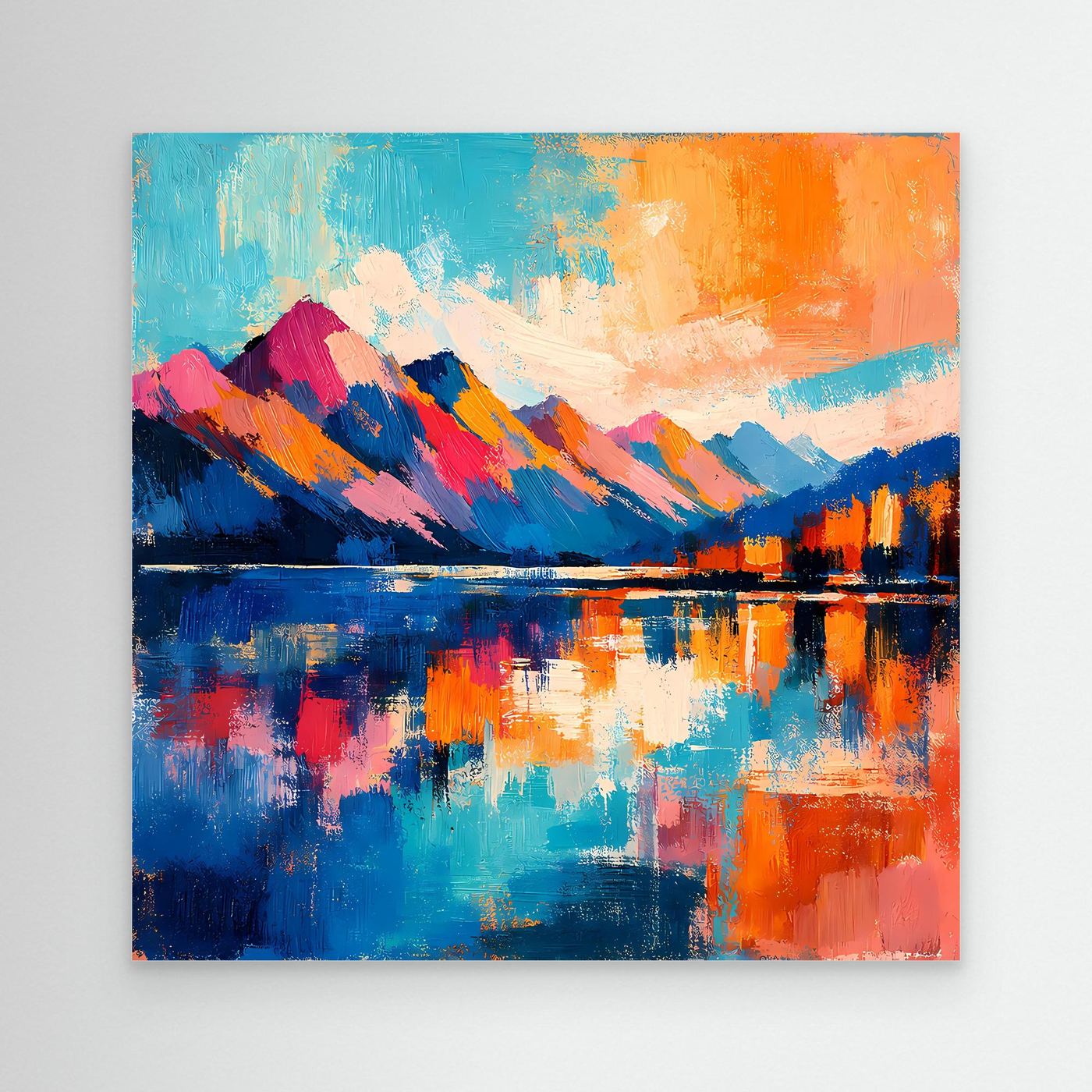 Leinwand-Wandbild mit abstrakter Bergkette am See in Blau und Orange, ohne Rahmen