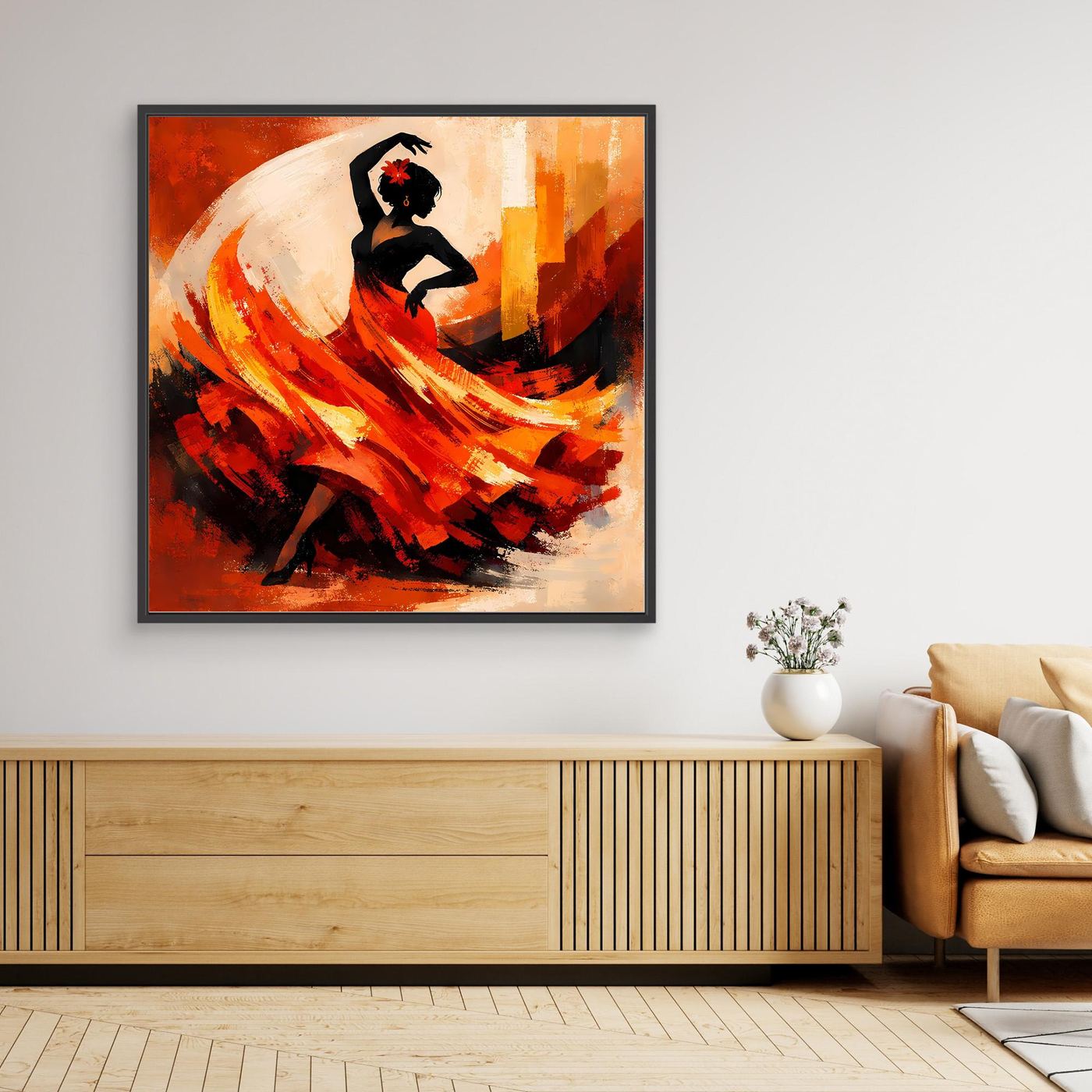 Gerahmtes Leinwand-Wandbild mit Flamenco-Tänzerin, schwarz gerahmt, Rot-Orange