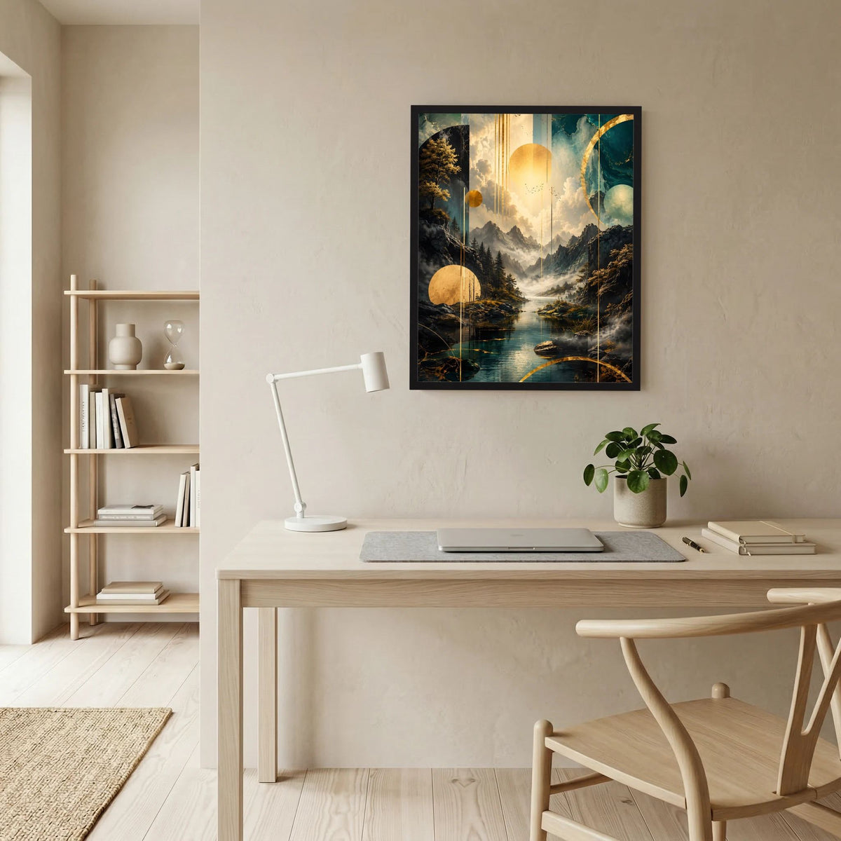 Wandposter mit abstrakter Berglandschaft in Petrol und Goldtönen, schwarzer Rahmen