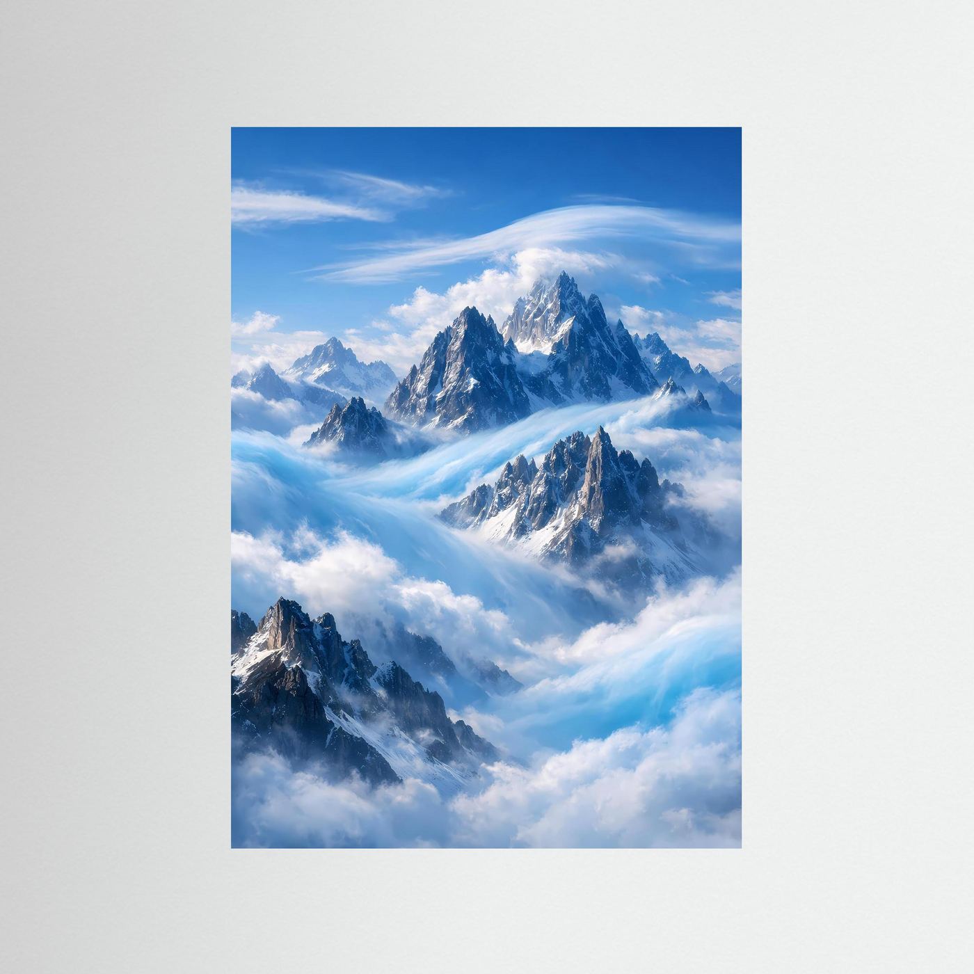 Gebirgsposter mit Alpenpanorama über Wolken, Hochformat, ohne Rahmen