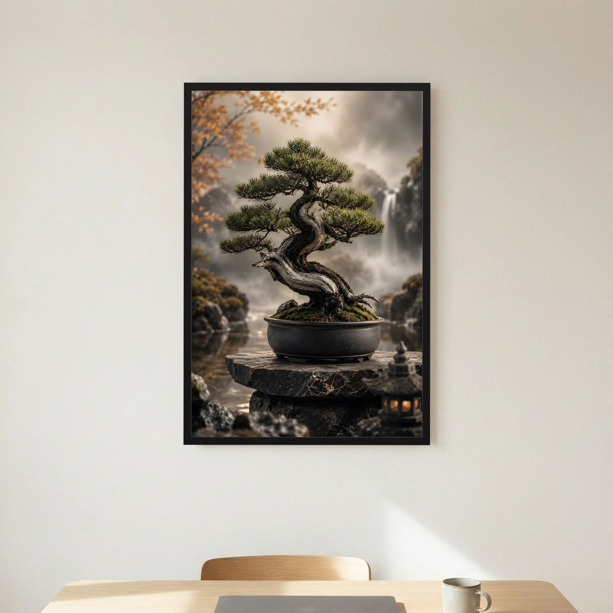 Bonsai-Baum-Poster im schwarzen Rahmen, verzweigter Bonsai auf Steinpodest