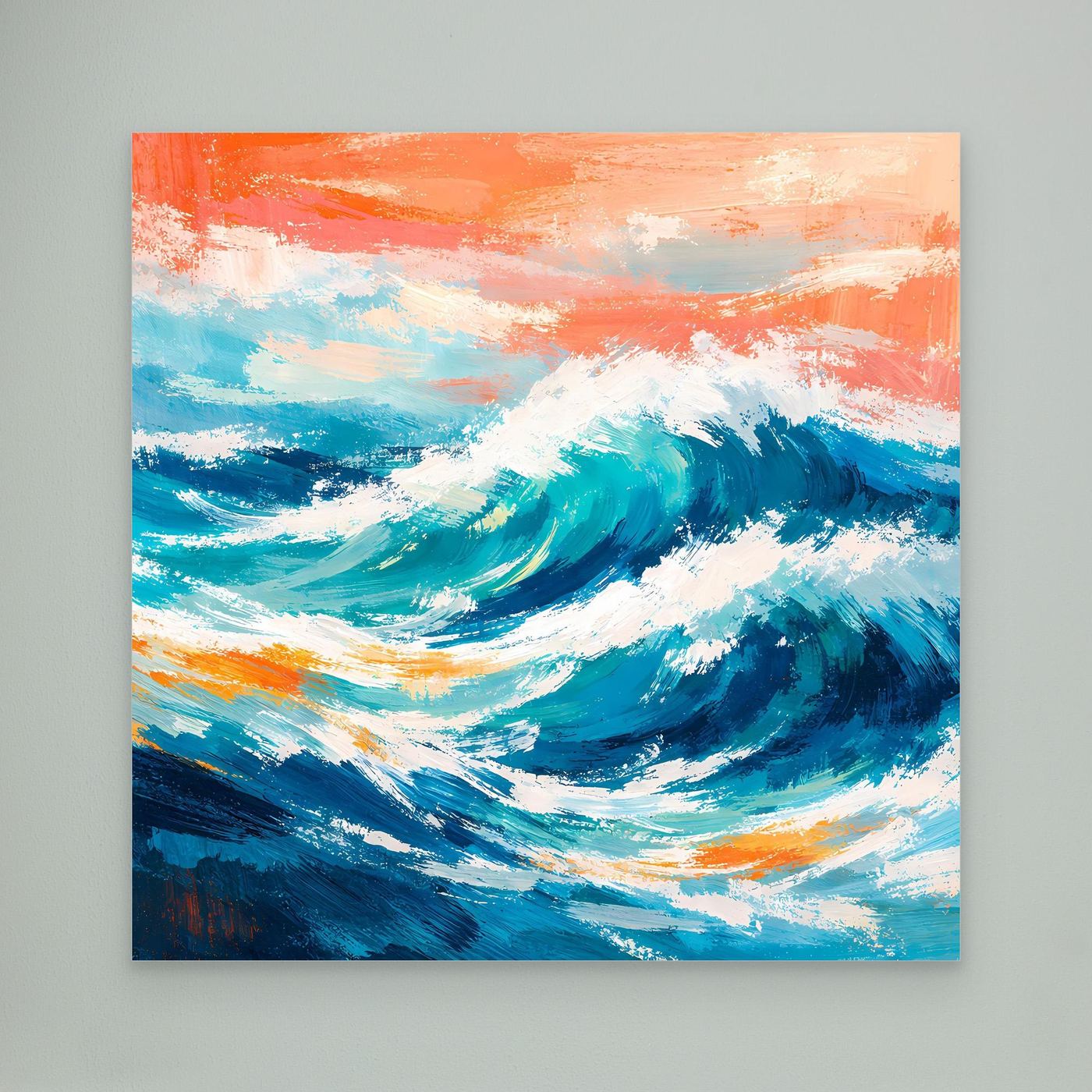 Leinwand-Wandbild mit türkisblauer Meereswelle, weißem Schaum, orange Himmel, ohne Rahmen