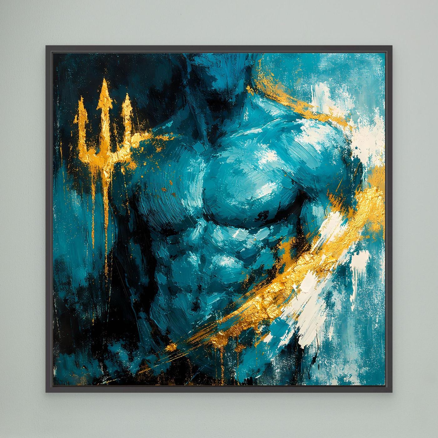 Leinwand Kraftvoller Poseidon in Türkis | Abstraktes Meeresgott Wandbild Gold