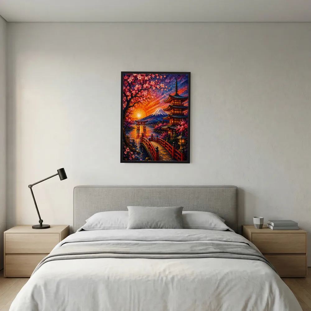 Gerahmtes Poster im Mosaikstil: Kirschblüten, Pagode und Fuji im Abendhimmel
