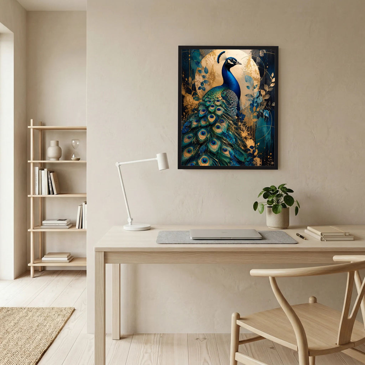 Gerahmtes Hochformat-Poster mit Pfau-Motiv in Blau, Gold und türkisfarbenen Federn