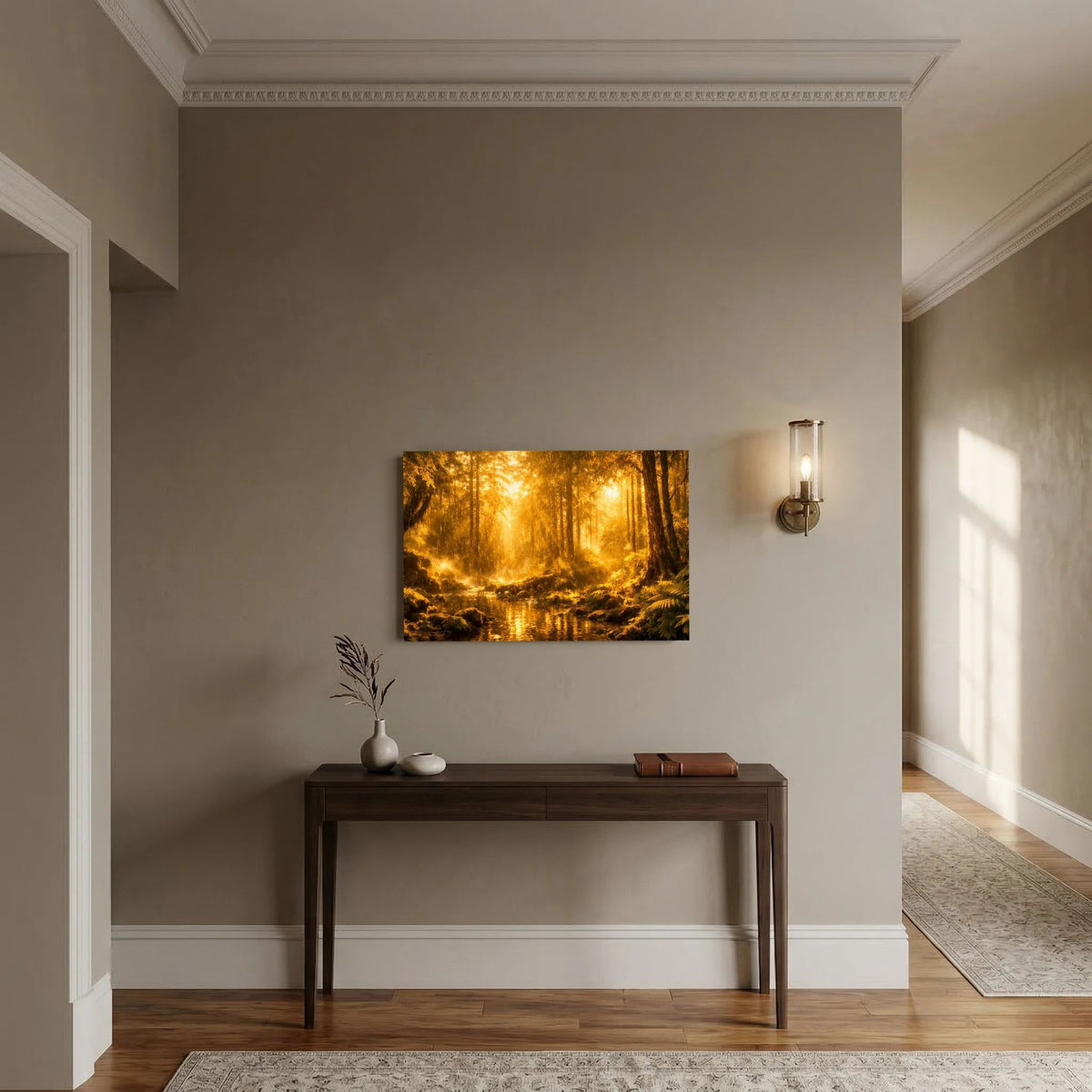 Wandbild mit mystischem Wald und Fluss, warmes goldenes Licht, querformatig