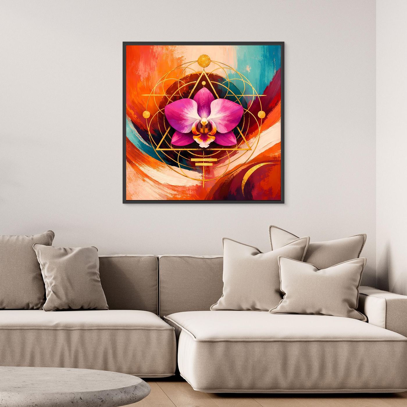 Quadratisches Leinwandbild: lila Orchidee mit geometrischem Dreieck- und Kreisdesign