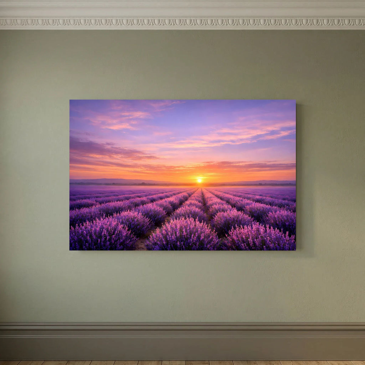 Wandbild mit Lavendelfeld bei Sonnenuntergang, rechteckig im Querformat