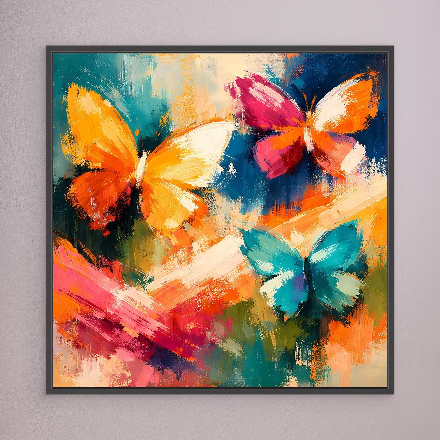 Wandbild mit bunten Schmetterlingen im schwarzen Rahmen, abstrakte Pinselstriche.