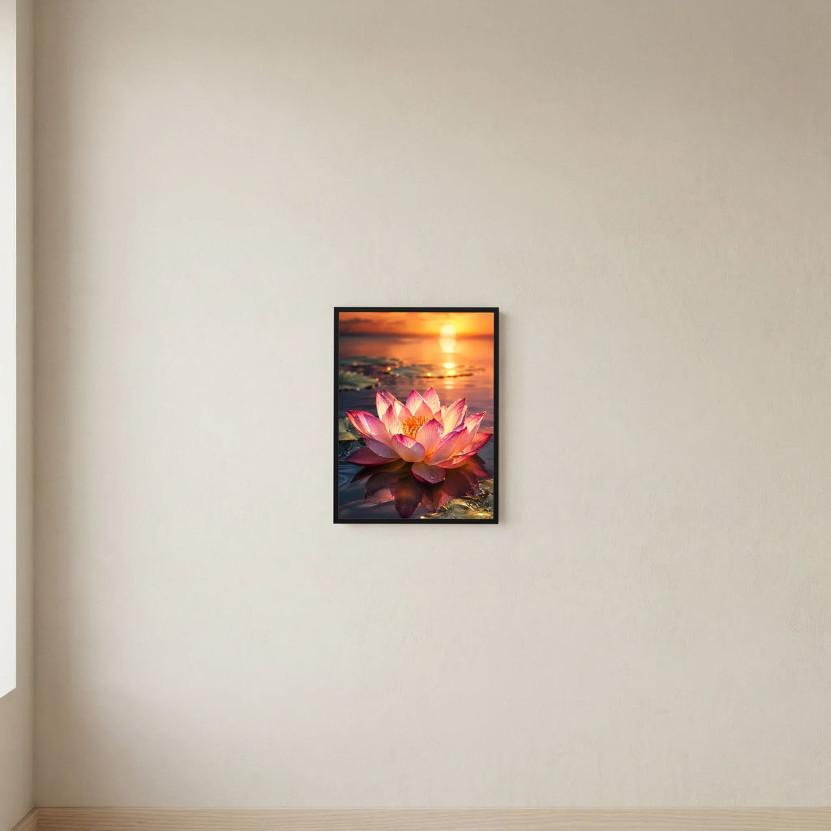 Gerahmtes Hochformat-Wandposter mit pinker Lotusblüte und Spiegelung beim Sonnenuntergang