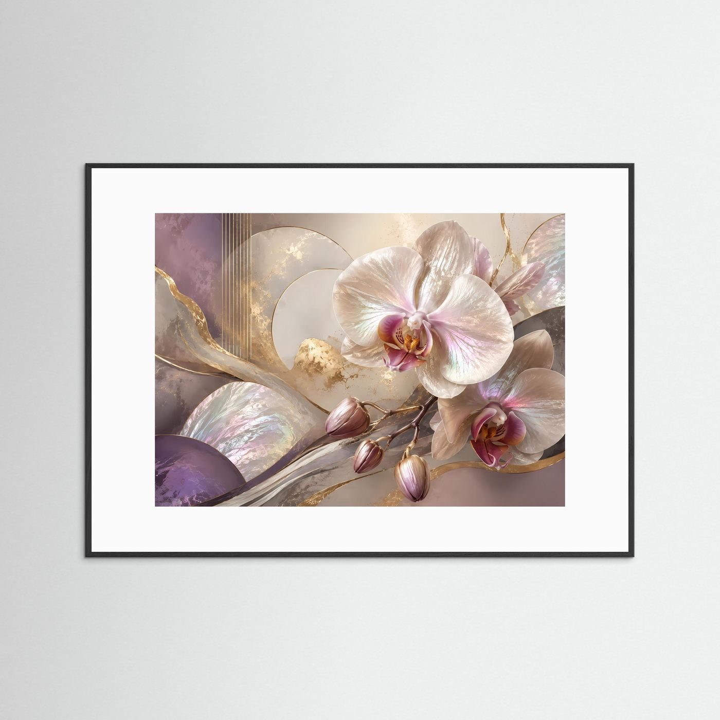 Blumenposter Querformat mit weißen Orchideen, Rosé- und Goldakzenten, schwarzer Rahmen und weißes Passepartout