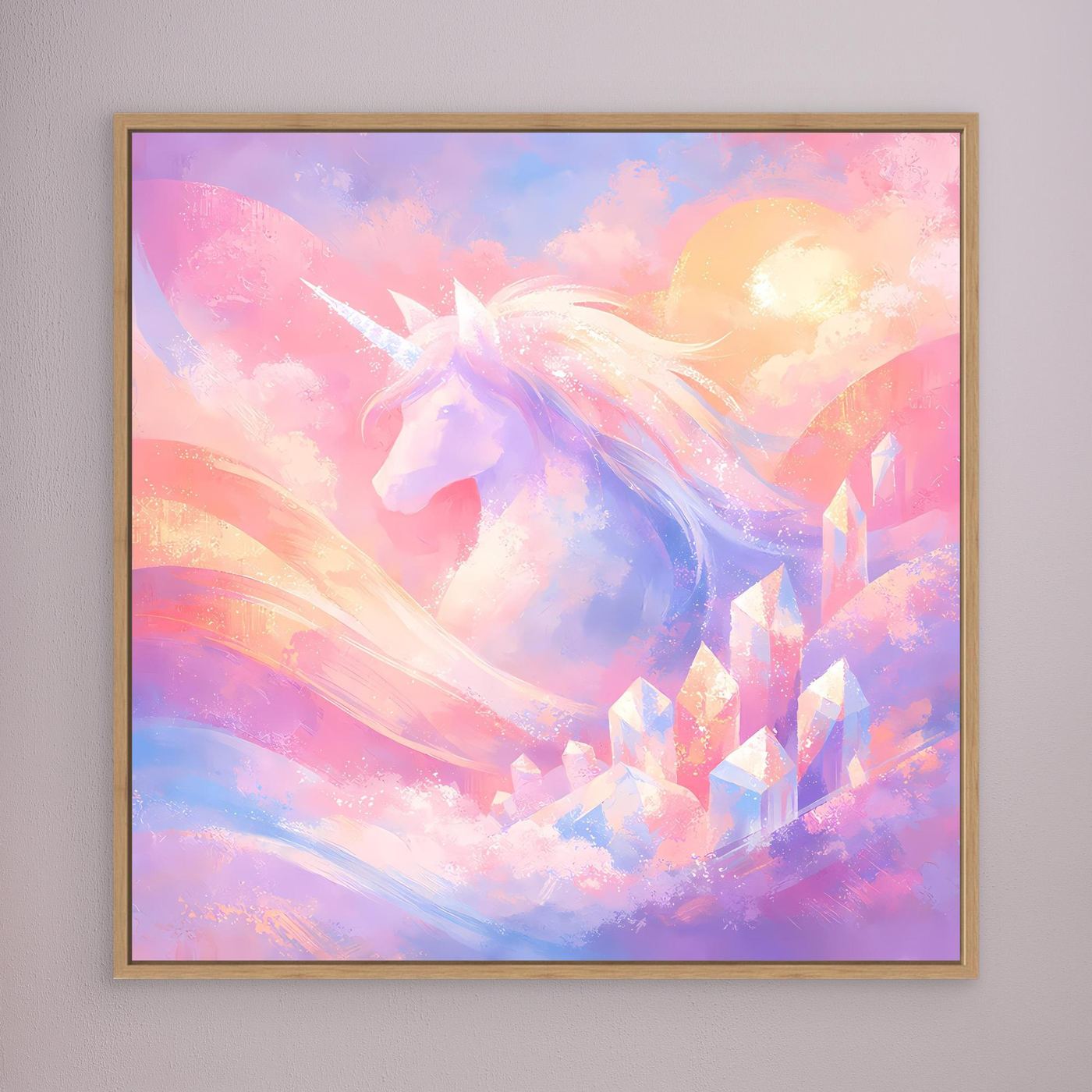 Leinwandbild mit Einhorn-Motiv in Pastellfarben, mit hellem Holzrahmen
