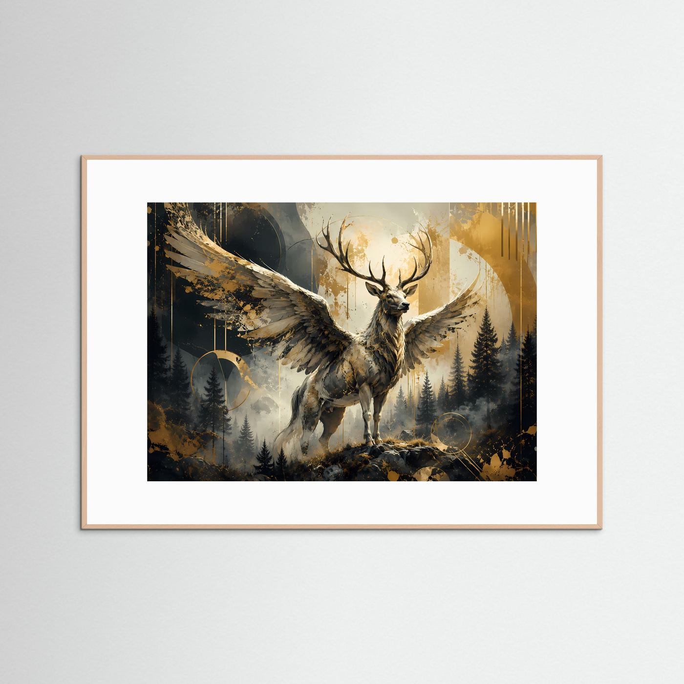 Mystischer Hirsch mit Flügeln im Wald | Abstraktes Fantasy Poster in Schwarz, Weiß & Gold | Edles Wandbild Querformat