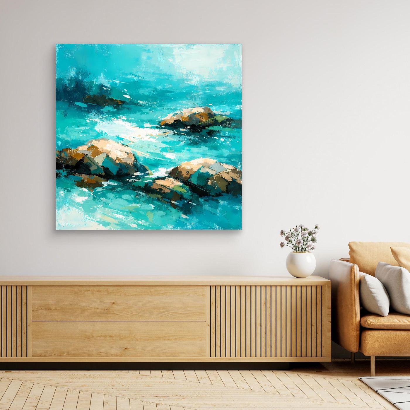 Leinwand Abstrakte Meereslandschaft mit Felsen | Modernes Küsten Wandbild Türkis