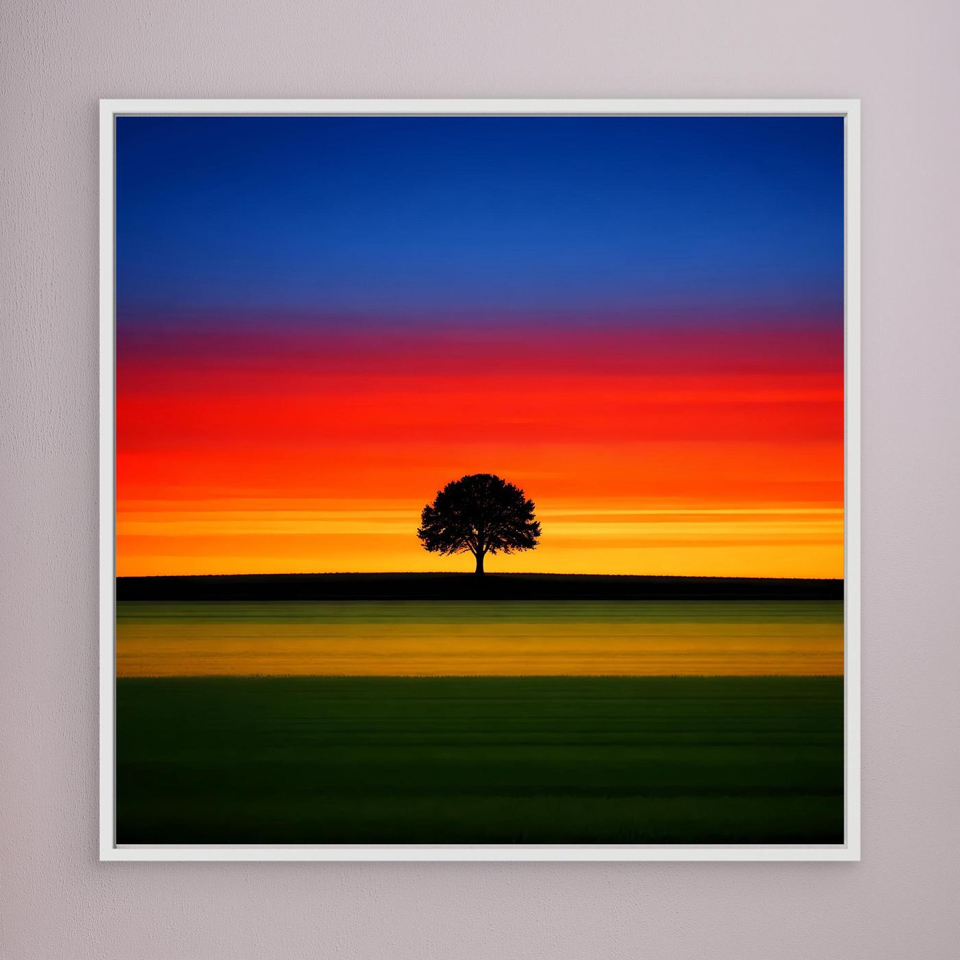 Gerahmtes Leinwandbild mit Sonnenuntergangslandschaft und Baum, weißer Rahmen