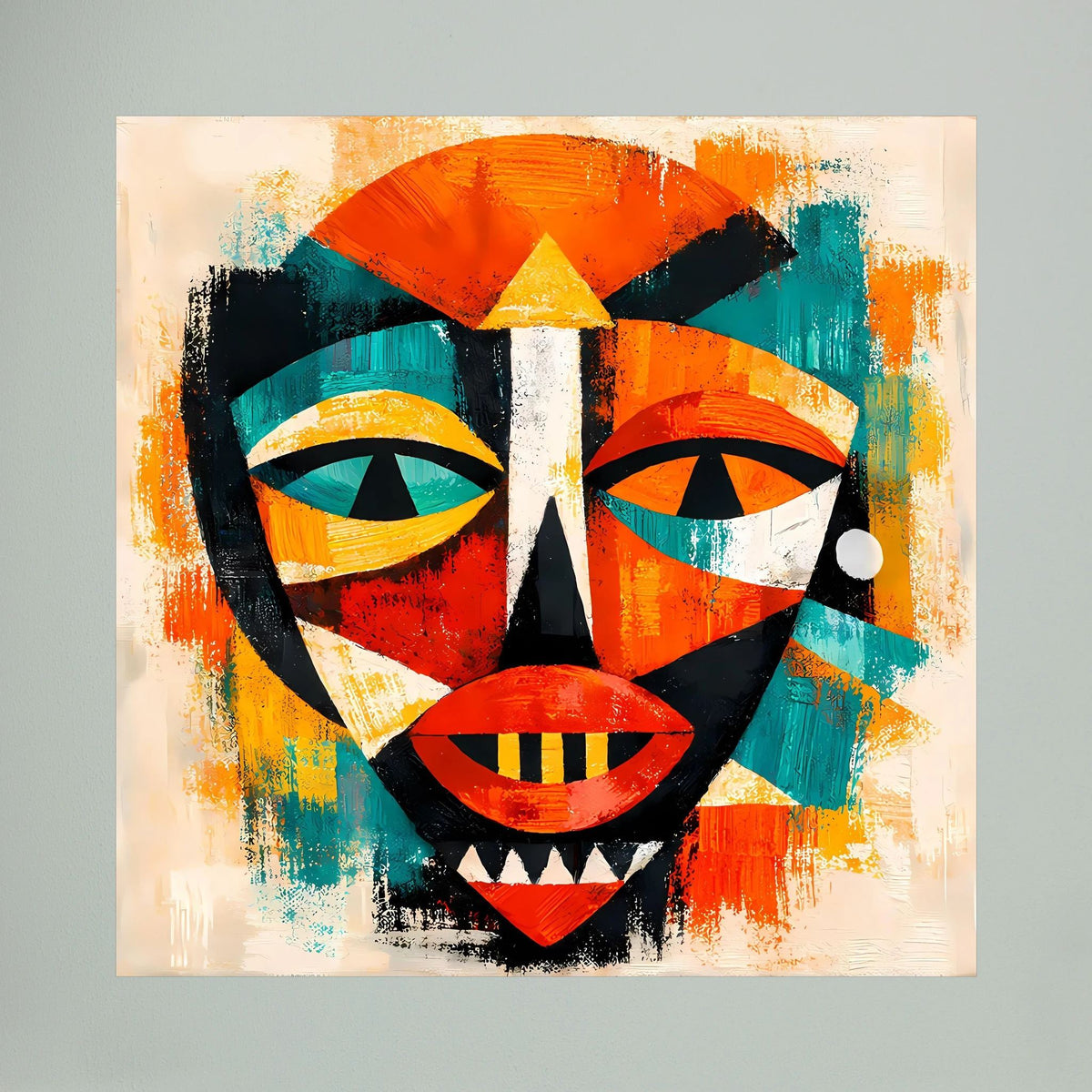 Abstrakte afrikanische Maske auf Leinwand, kräftige orange, türkis, rot und schwarze Konturen