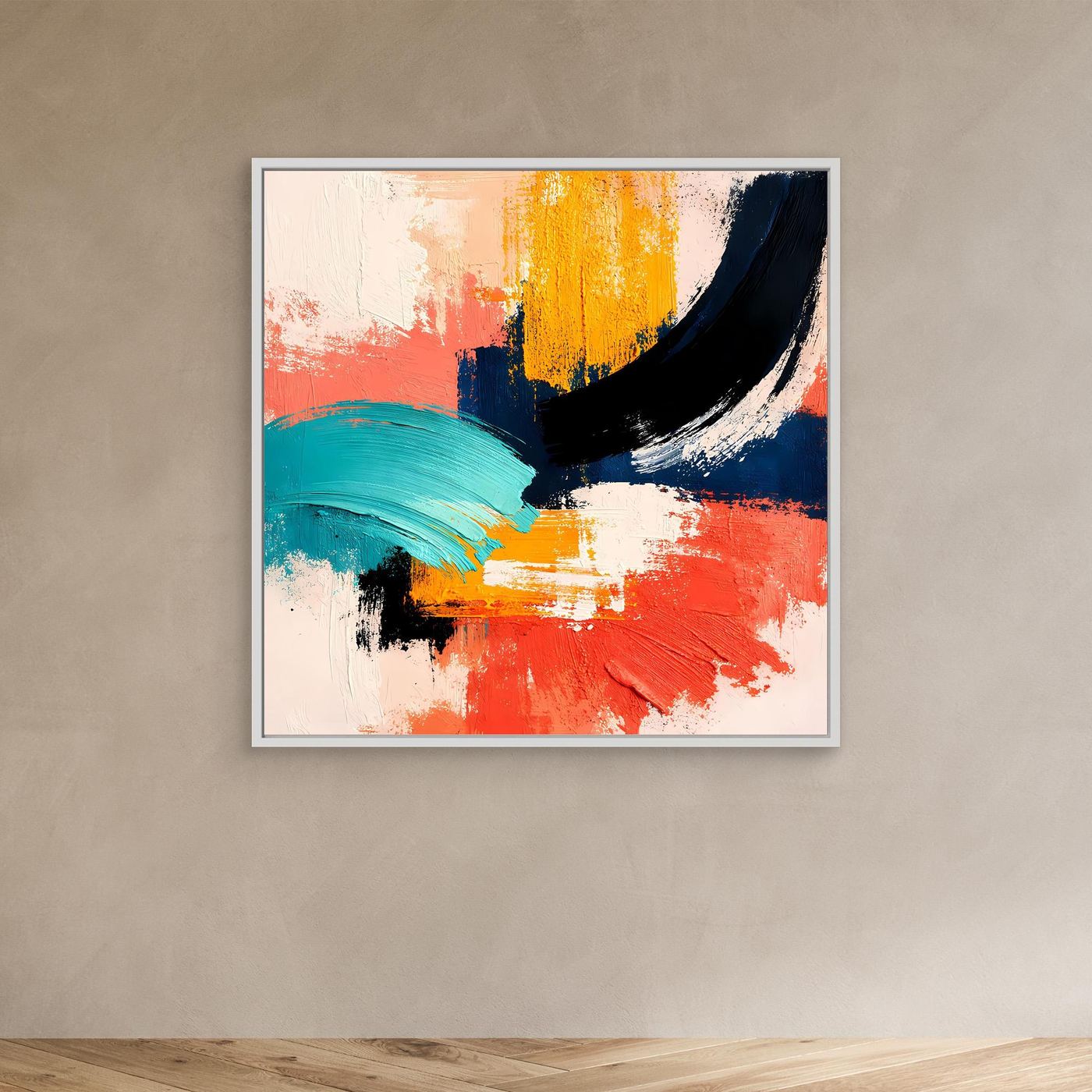 Abstract canvas wall art with white frame and coral, yellow, teal, navy, and black brush strokes.
