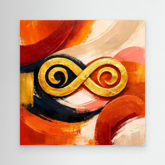 Abstraktes Leinwandbild mit goldener Unendlichkeits-Symbolik, orange-rot, schwarz und cremefarben