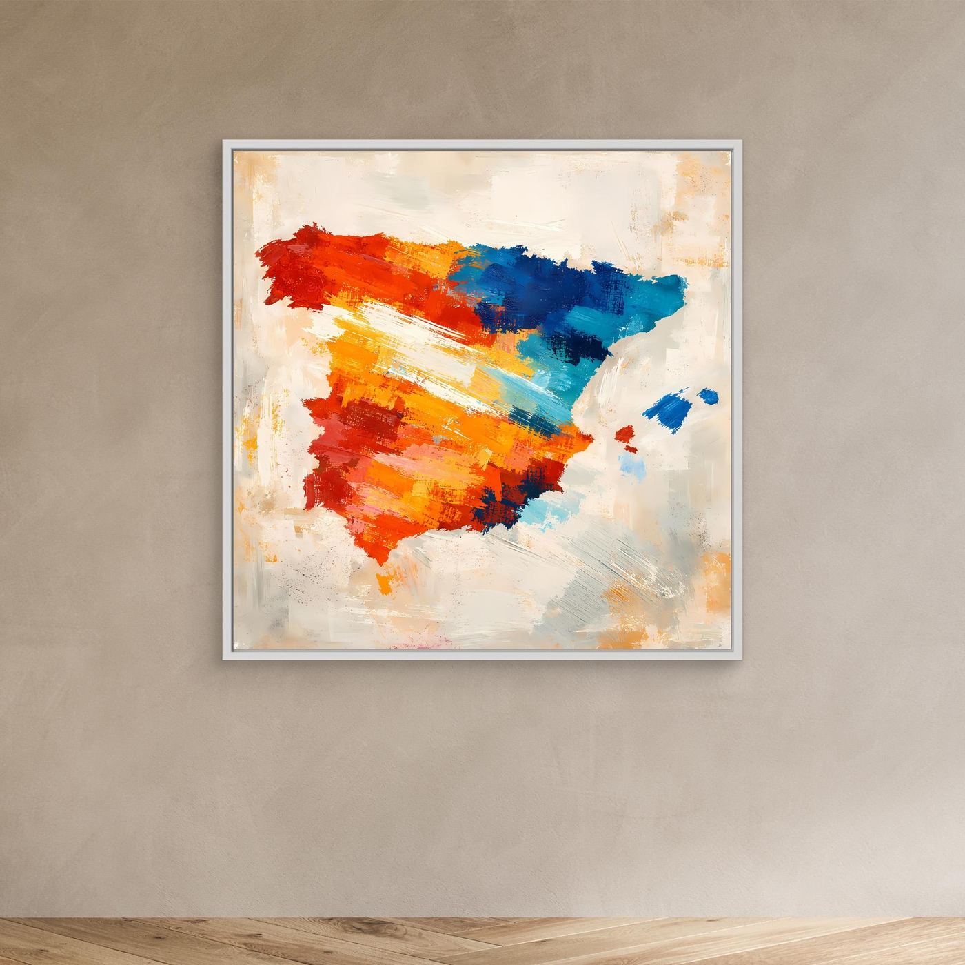 Abstract Spain map canvas wall art with colorful brushstroke silhouette, white frame