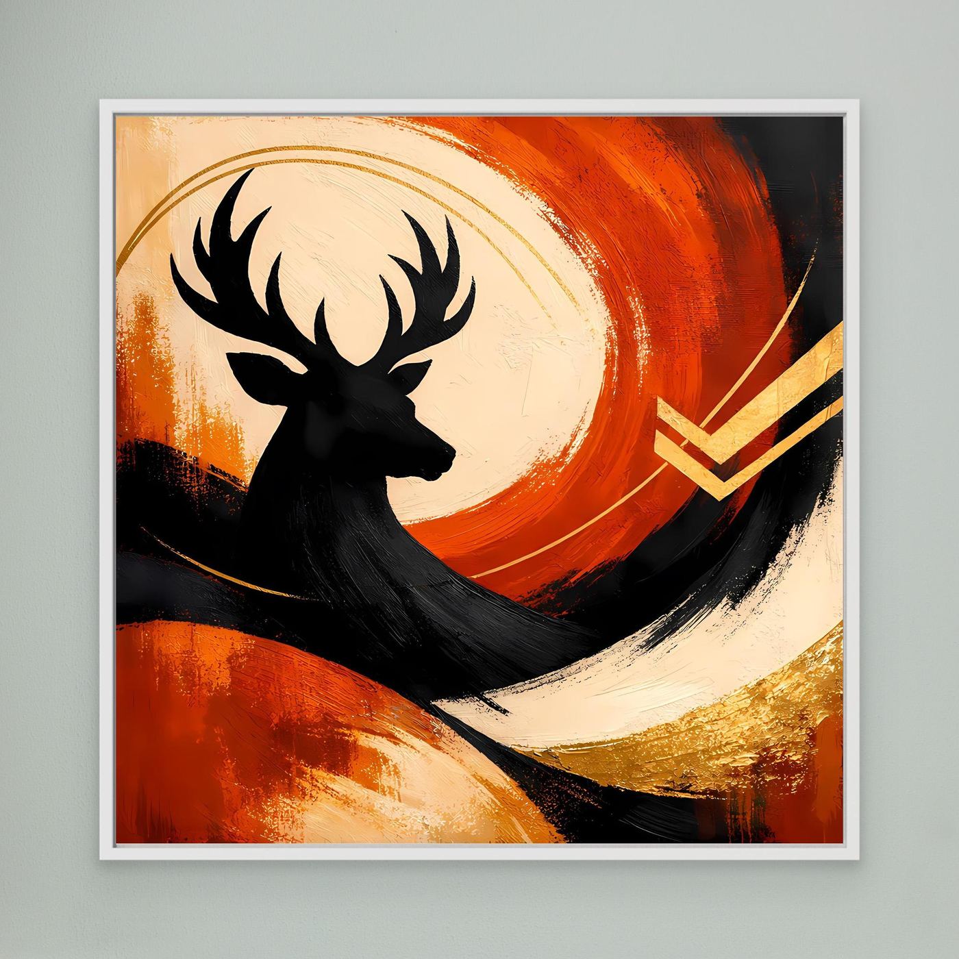 Gerahmtes Leinwandbild mit Hirsch-Silhouette im Profil, abstrakt in Orange und Gold