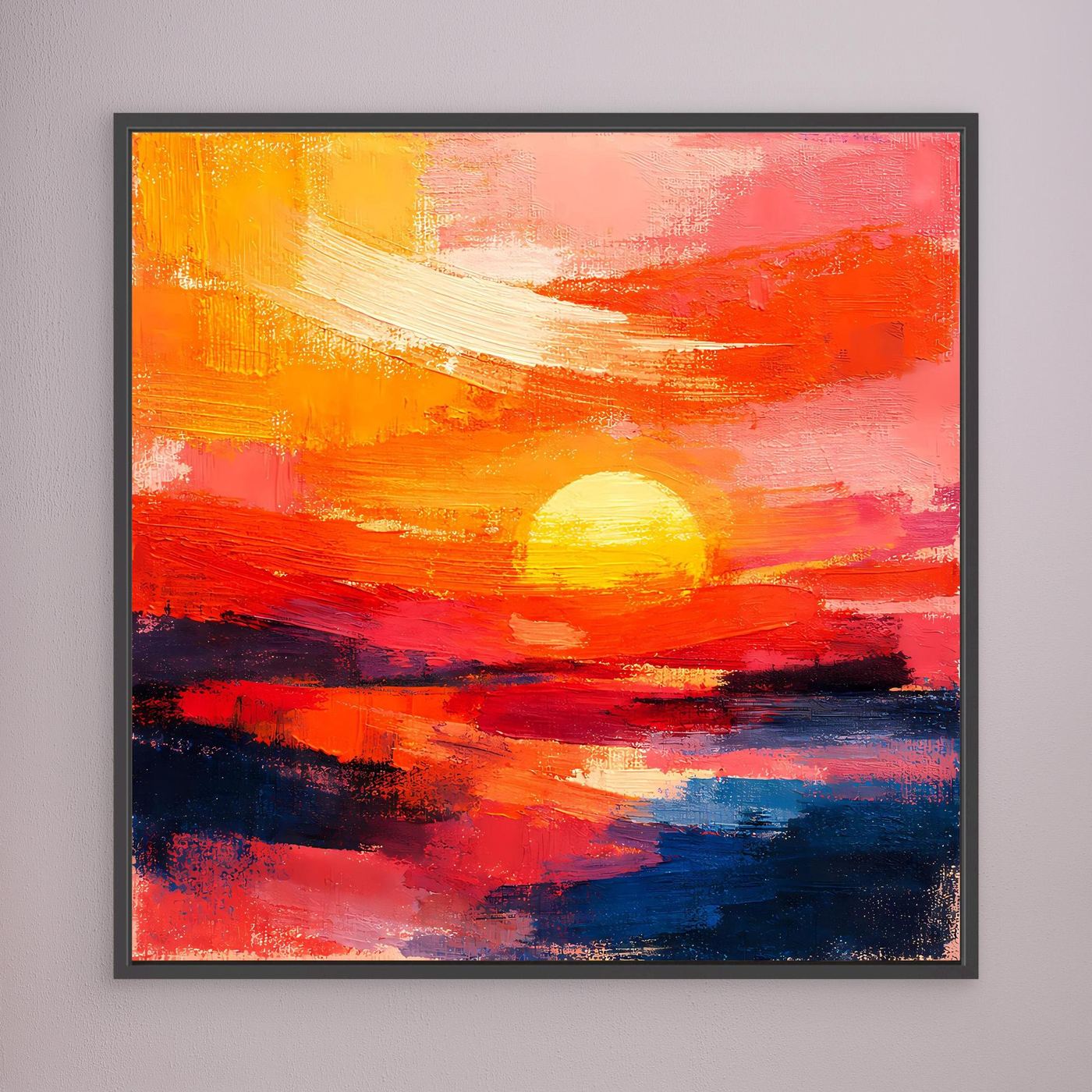 Abstract sunset seascape canvas wall art, black frame; yellow sun over orange and blue layers