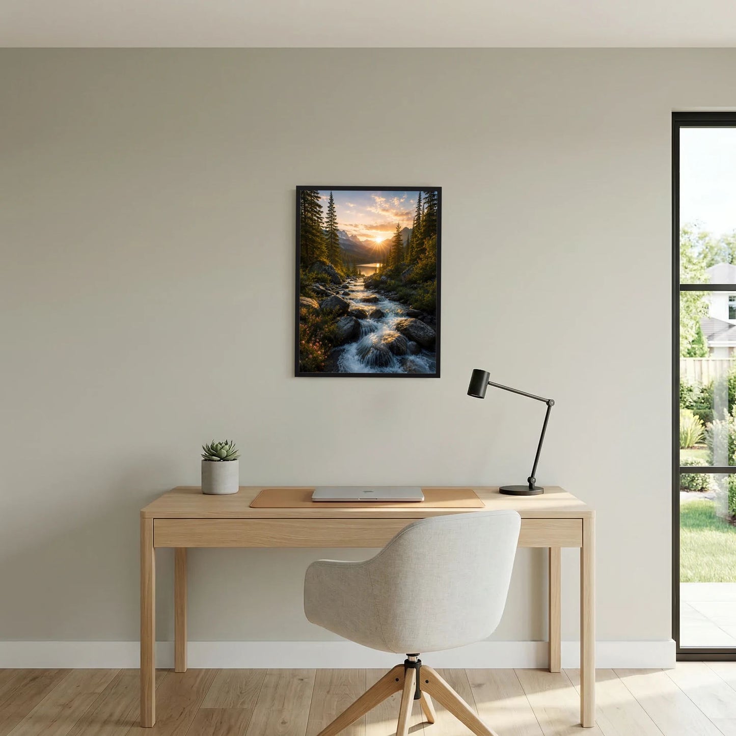 Hochformat-Poster mit Sonnenuntergang am Bach in einem Tannenwald, schwarz gerahmt