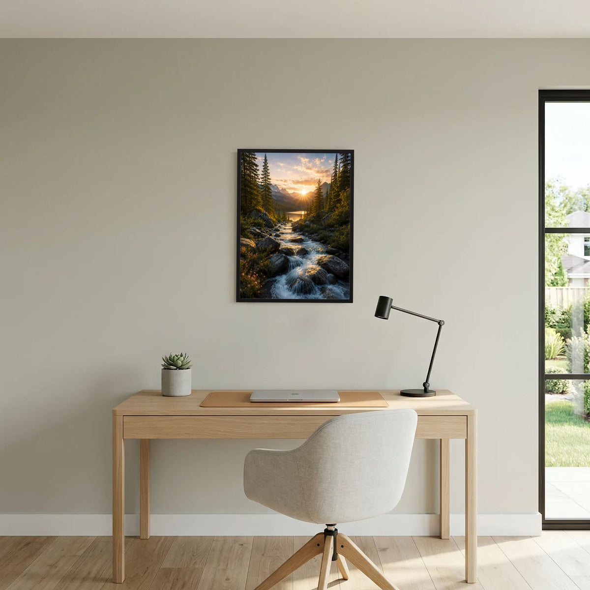 Hochformat-Poster mit Sonnenuntergang am Bach in einem Tannenwald, schwarz gerahmt