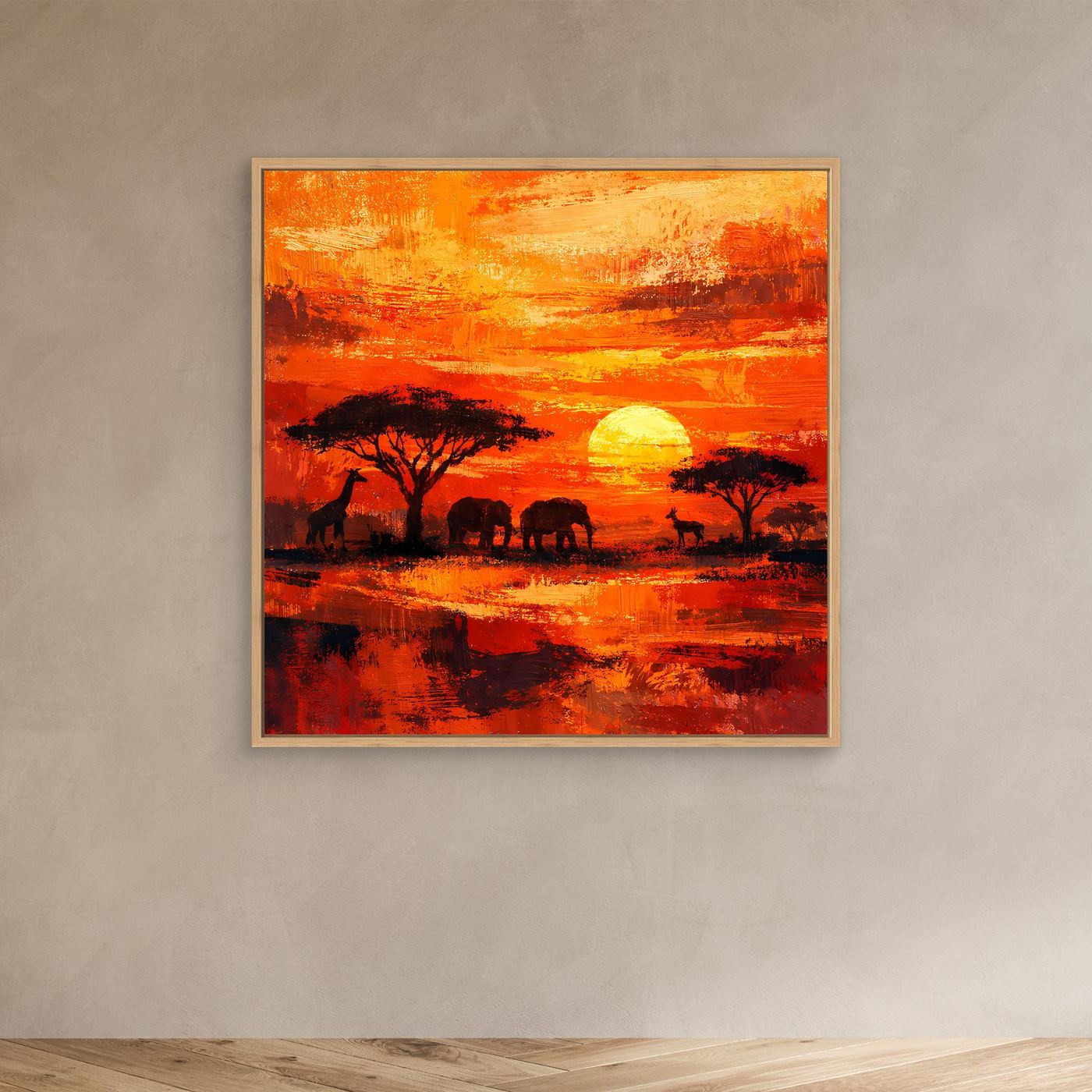 Leinwand Afrikanische Savanne bei Sonnenuntergang | Modernes Elefanten & Giraffen Wandbild