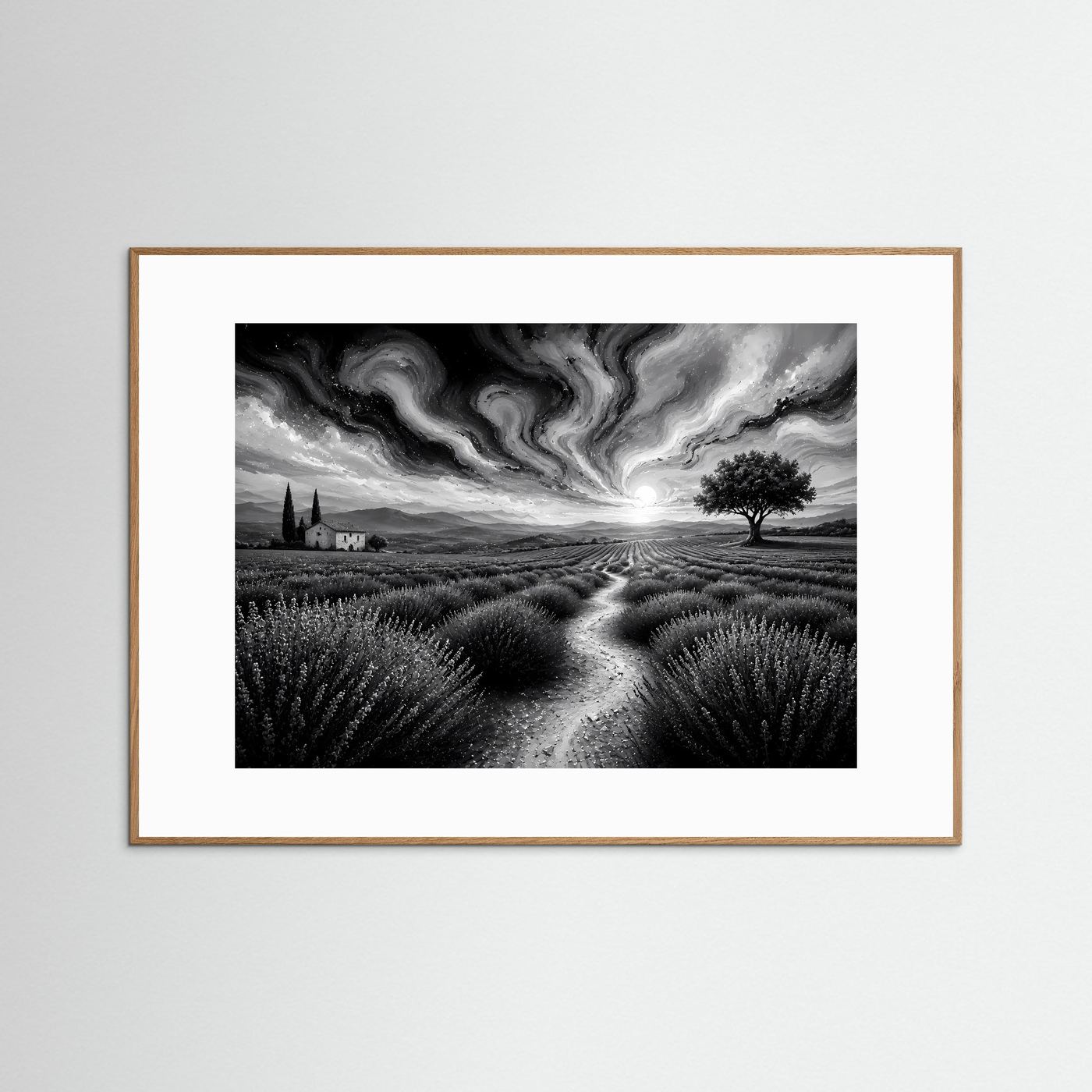 Lavendelfeld in Schwarz-Weiß | Abstrakte Landschaft mit dramatischem Himmel