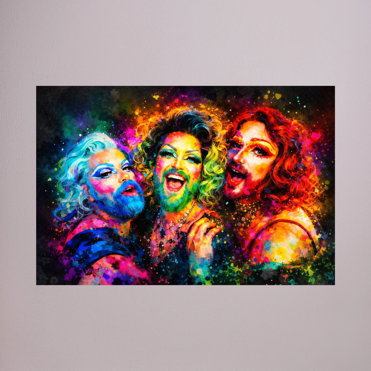 Querformat-Poster mit drei Gesichtern in leuchtenden Farben, Spritzfarben-Druck, schwarz