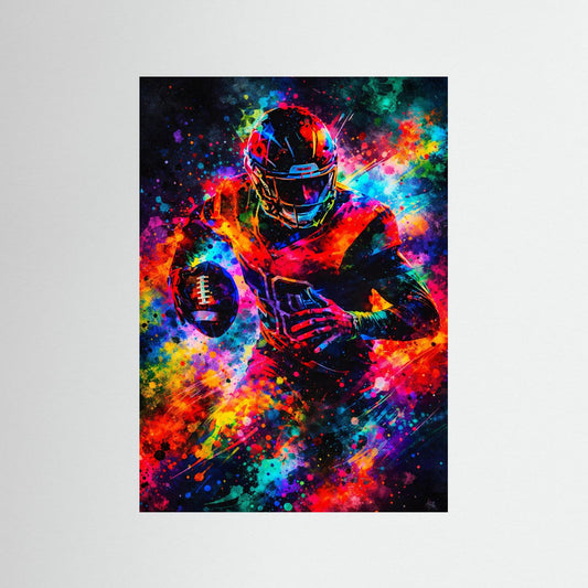 Neon-Footballposter: American-Football-Spieler im Helm, buntes Farbsprühbild, Hochformat