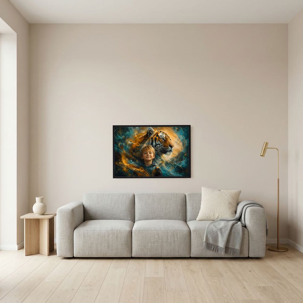 Poster mit Junge und Tiger, türkis-goldene Tiergrafik, Schwarzrahmen, Querformat