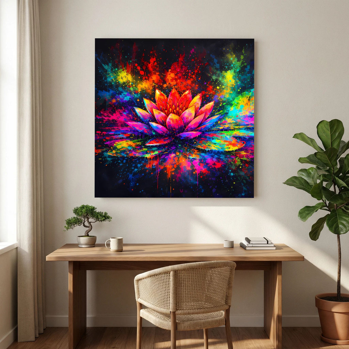 Abstraktes Leinwandbild mit Lotusblüte auf Keilrahmen, quadratisch, bunt gestaltet.