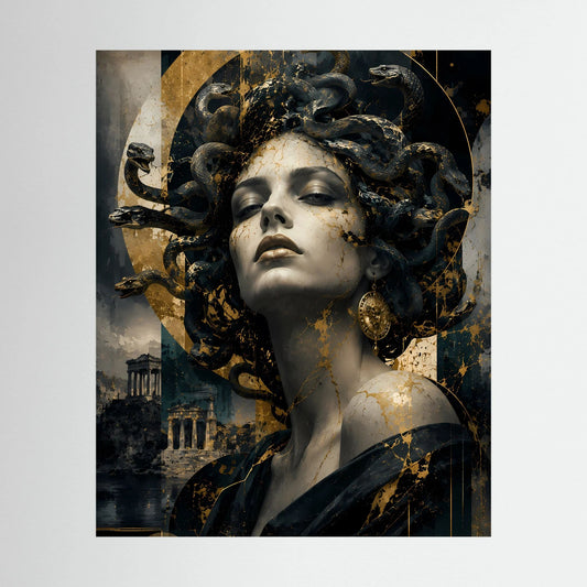 Hochformat-Poster mit Medusa-Porträt: dunkle Frau, schwarze Schlangen, goldene Akzente