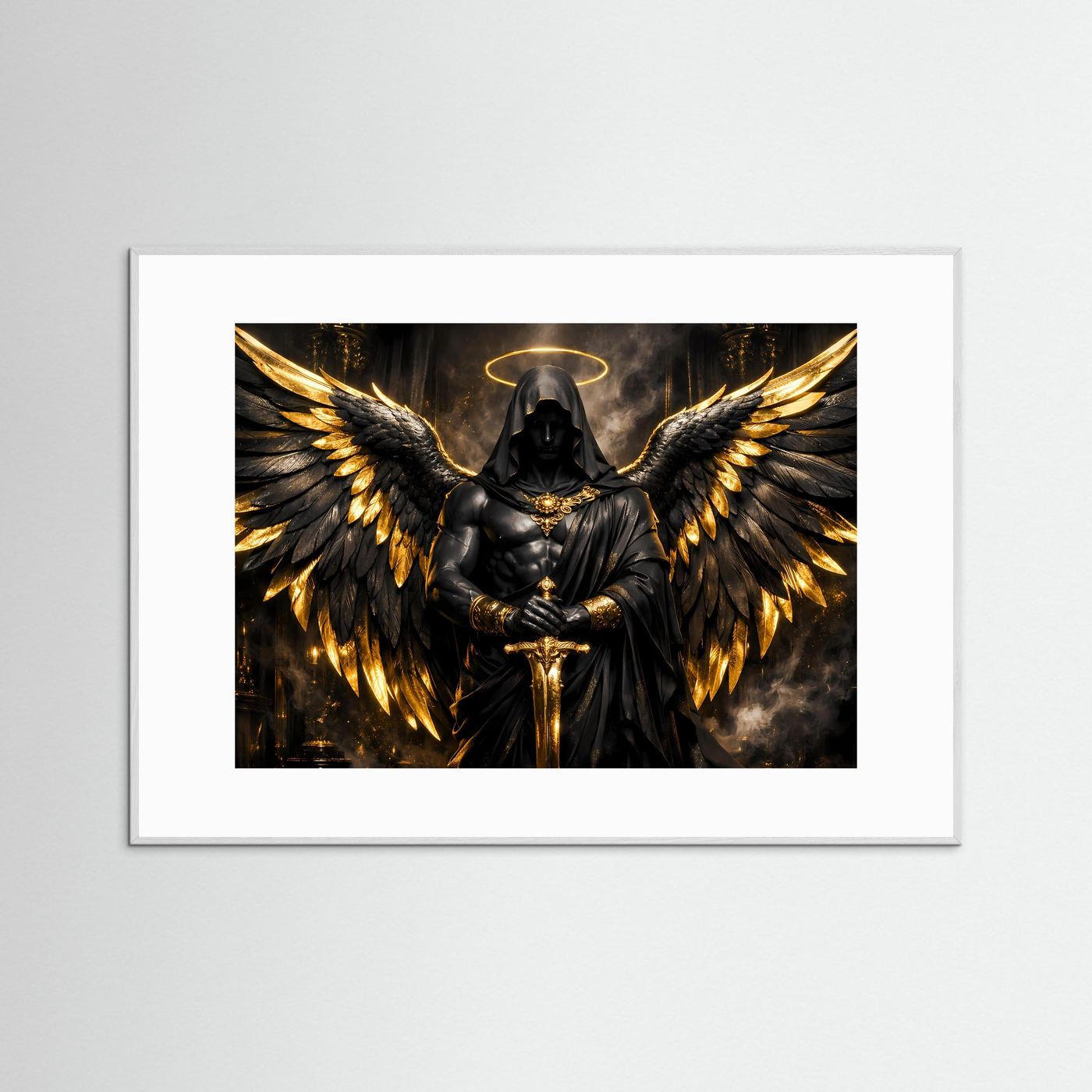 Dunkler Engel mit Goldflügeln & Schwert | Mystisches Wandbild Querformat